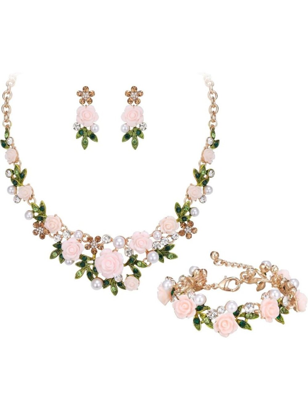 Elegant Crystal Pearl Rose Flower Jewelry Set - Statement Necklace, Earrings